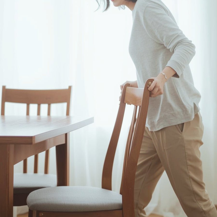 自宅のダイニングで椅子を引く女性の生活動作