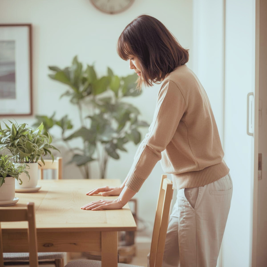 自宅のダイニングテーブルに手をついて立ち上がる女性の動作