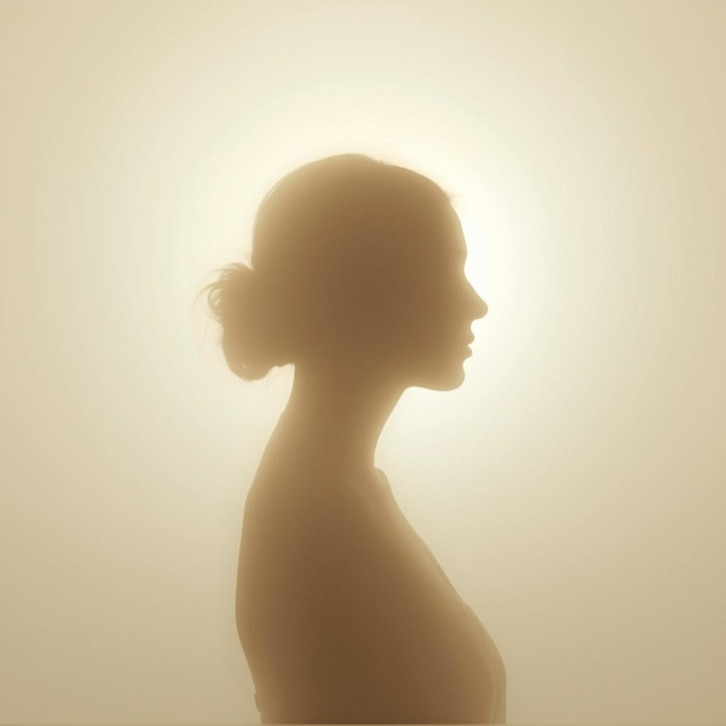 光の中に立ち、体の変化を実感している女性のイラスト