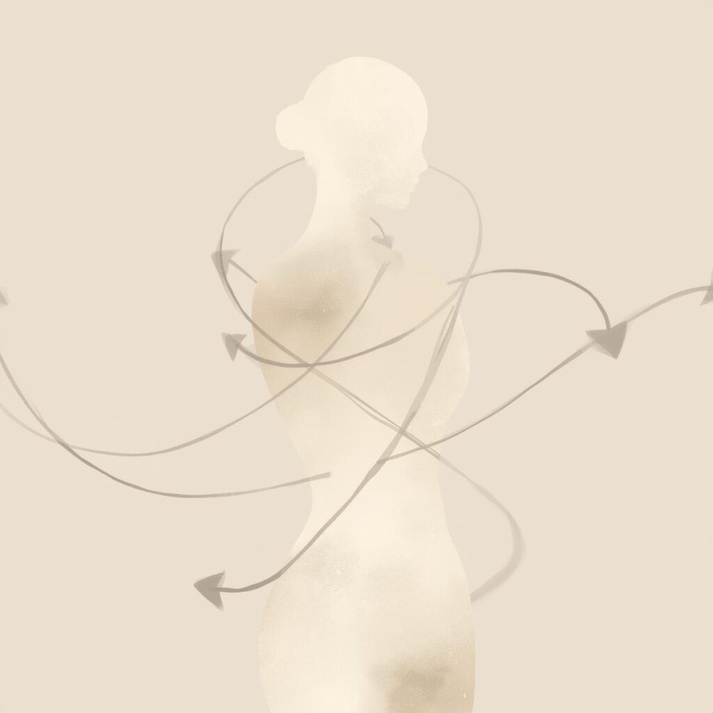 女性の後ろ姿に矢印を描き、動きの方向を整えているイメージ