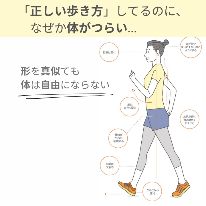 「正しい歩き方」してるのに、なぜか体がつらい。
それは、形を真似ても体は自由にならないからです。