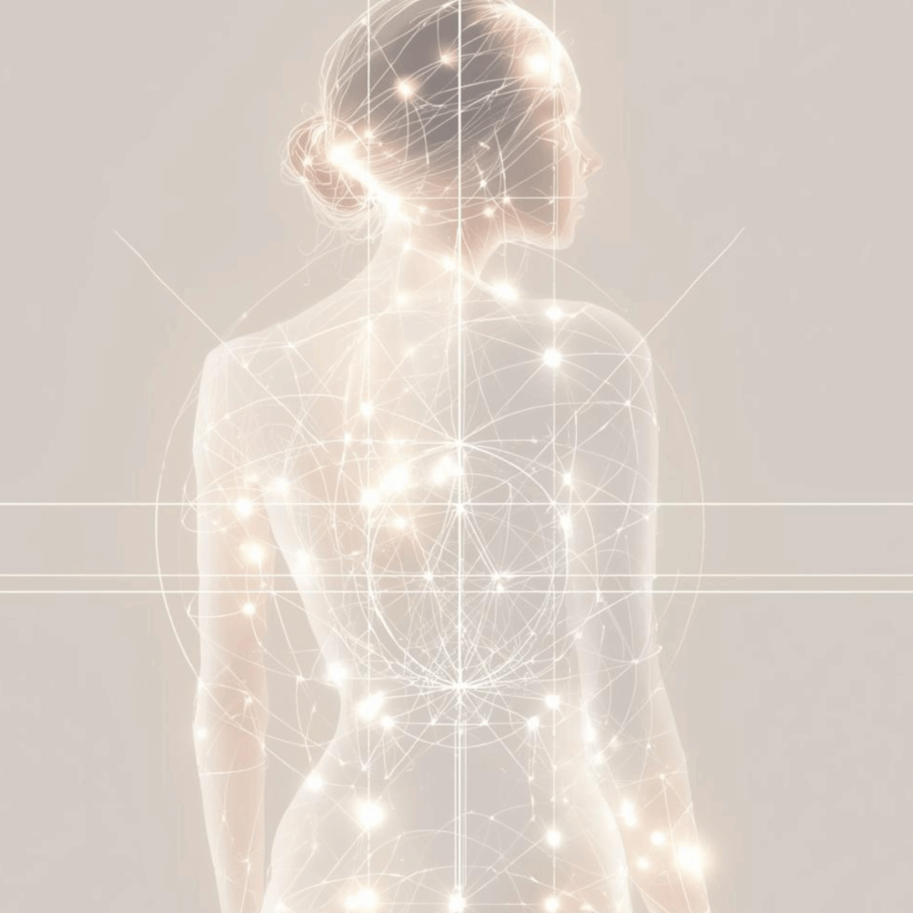 女性の後ろ姿に複数の線を引き、体のねじれを分析しているイメージ