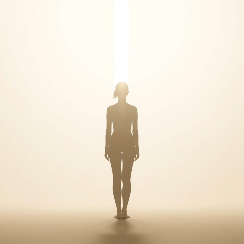 体のねじれグセが整い、軸が通った状態で立つ女性を表したイラスト