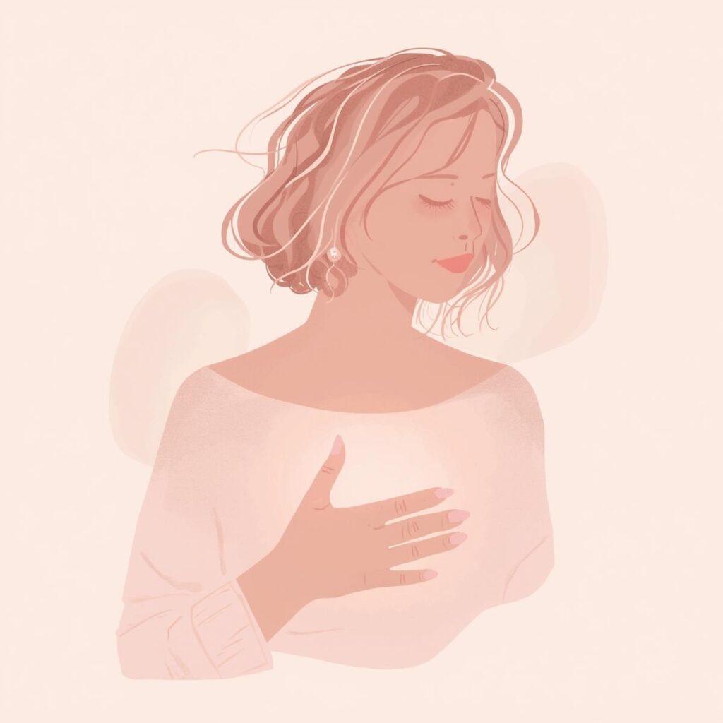 目を閉じ胸に手を当て、自分の体の感覚に意識を向けている女性のイラスト