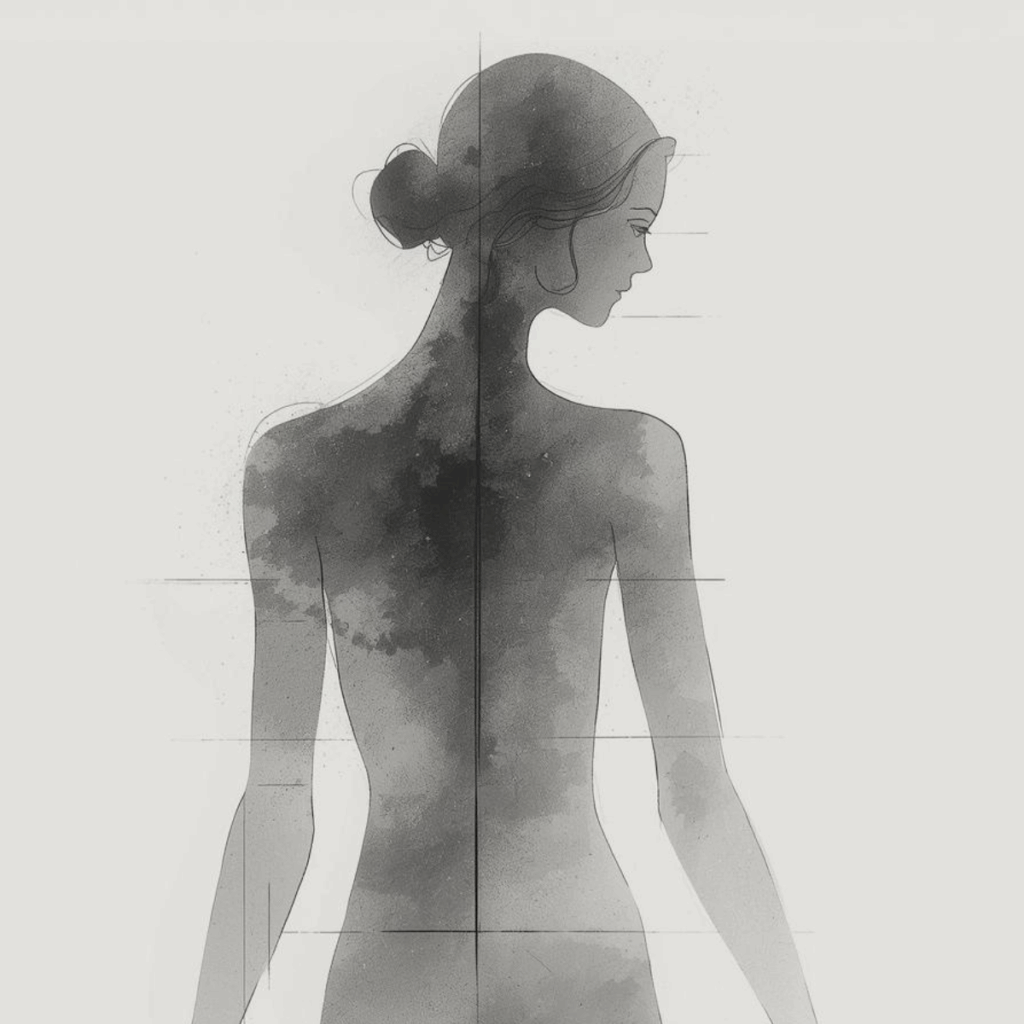 女性の後ろ姿に線を引き、体のねじれを見立てているイメージ画像