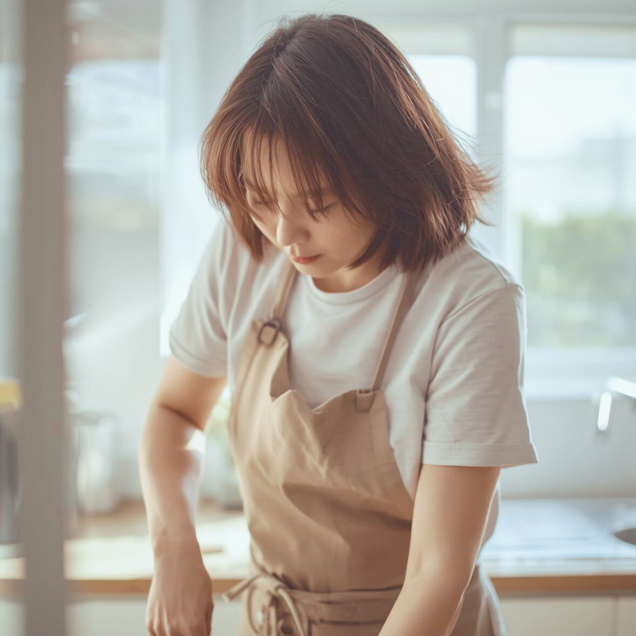 キッチンで体をひねりながら家事をしているエプロン姿の女性の後ろ姿