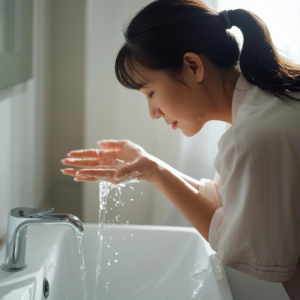 洗面台で顔を洗う女性の日常動作。無意識の動きが不調につながることを示す写真