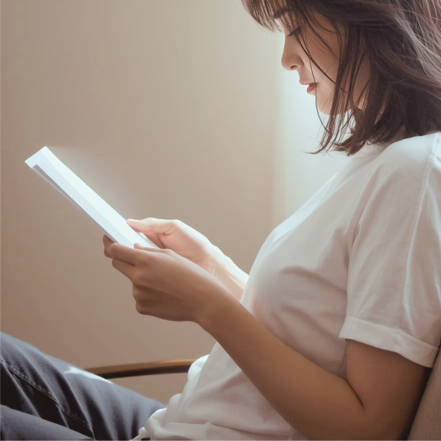 初回に提出した体の悩みメモを、窓際で静かに読み返す女性