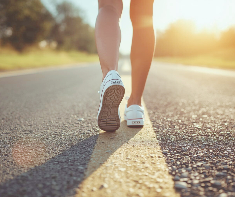 真っ直ぐに続く道を一歩踏み出す女性の足元