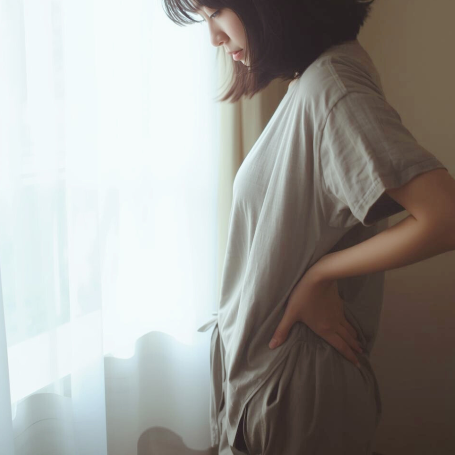 腰に手を当てて立ち、体の違和感に意識を向けている女性