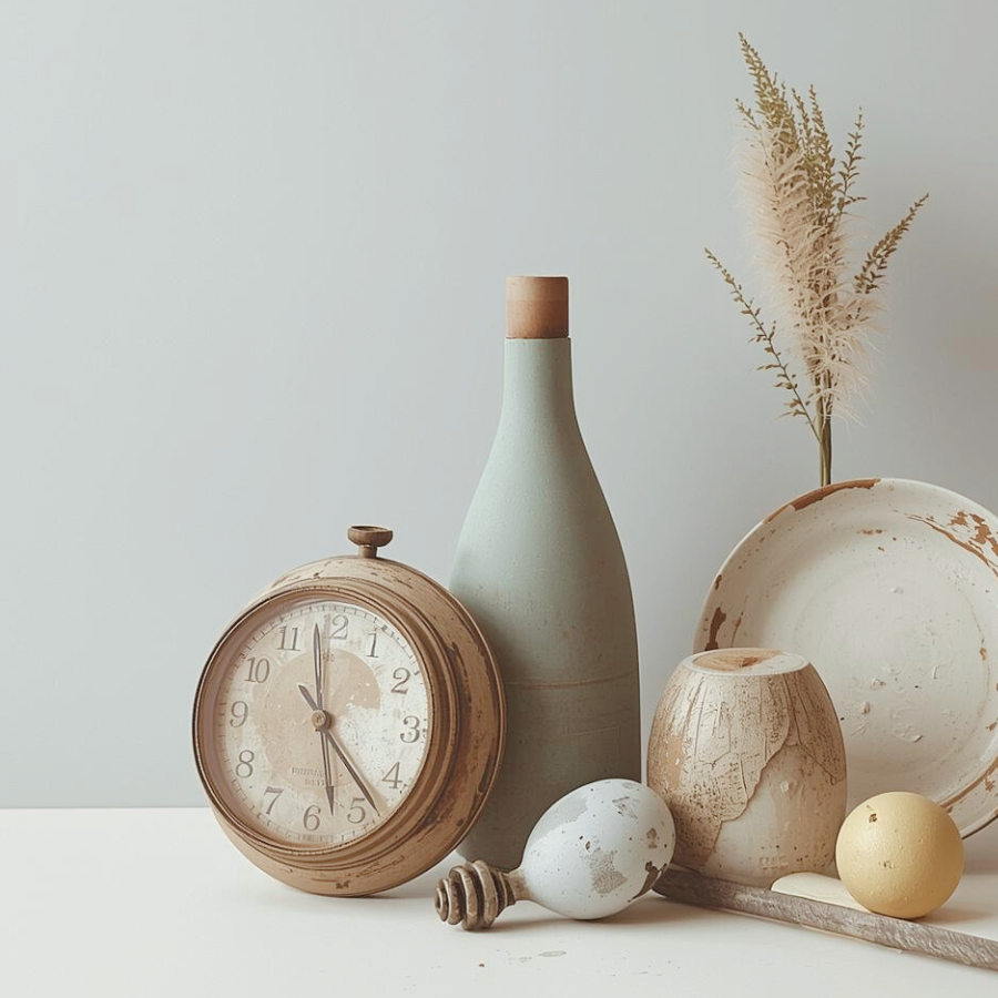 時間の経過を感じさせる、静かな雰囲気の時計や器の写真