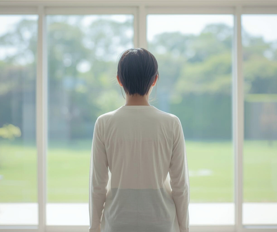 窓の外をまっすぐ見つめる女性の後ろ姿