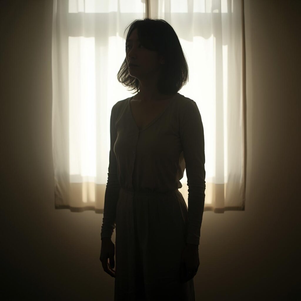 逆光の窓辺に立つ女性のシルエット。心と体が固まる状態を象徴する写真