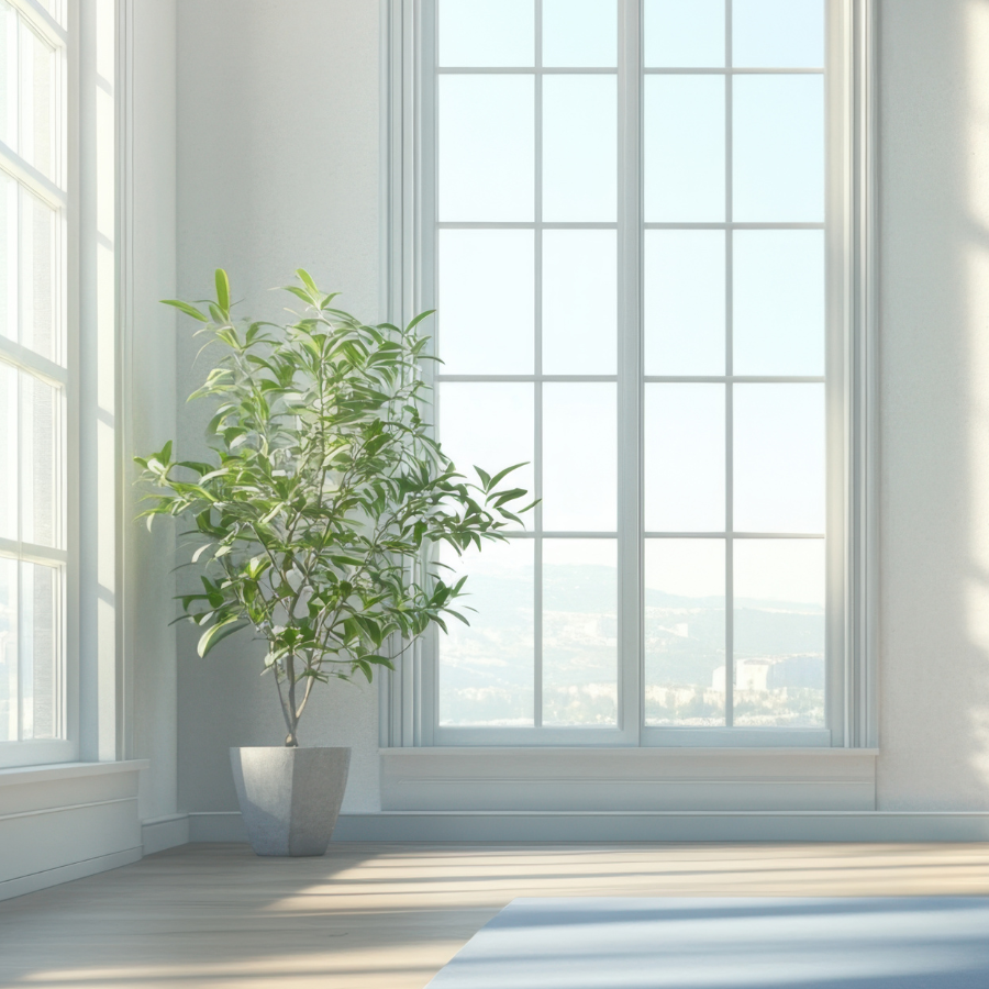 自然光が差し込む窓と観葉植物のある部屋。希望を感じる空間