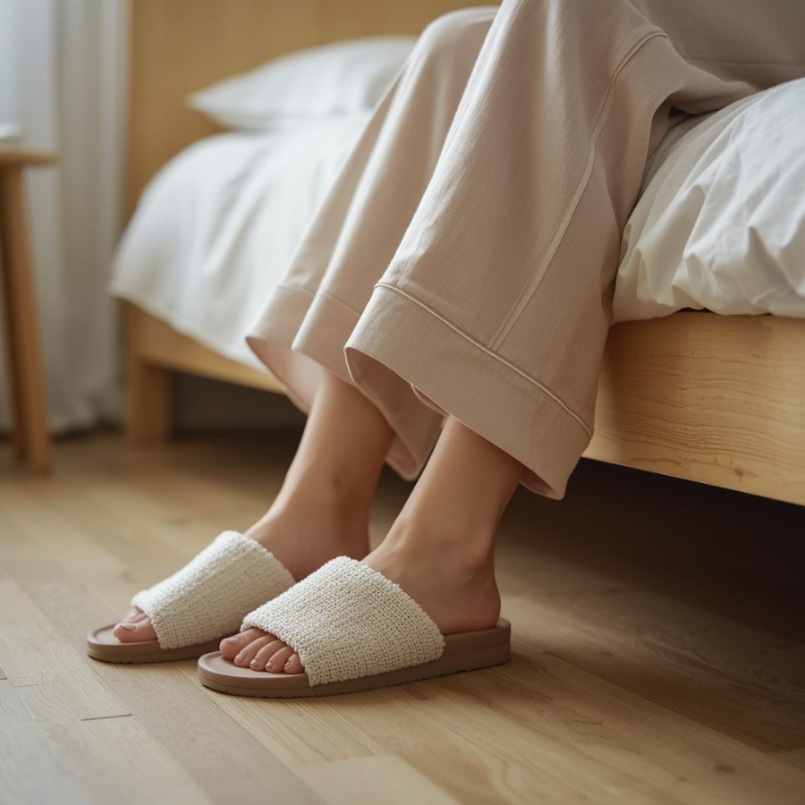 ベッドから立ち上がろうとする女性の足元