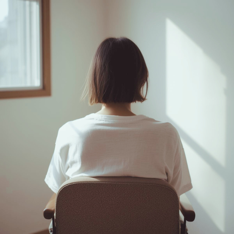 椅子に腰掛け、自分の体に静かに意識を向ける女性の後ろ姿