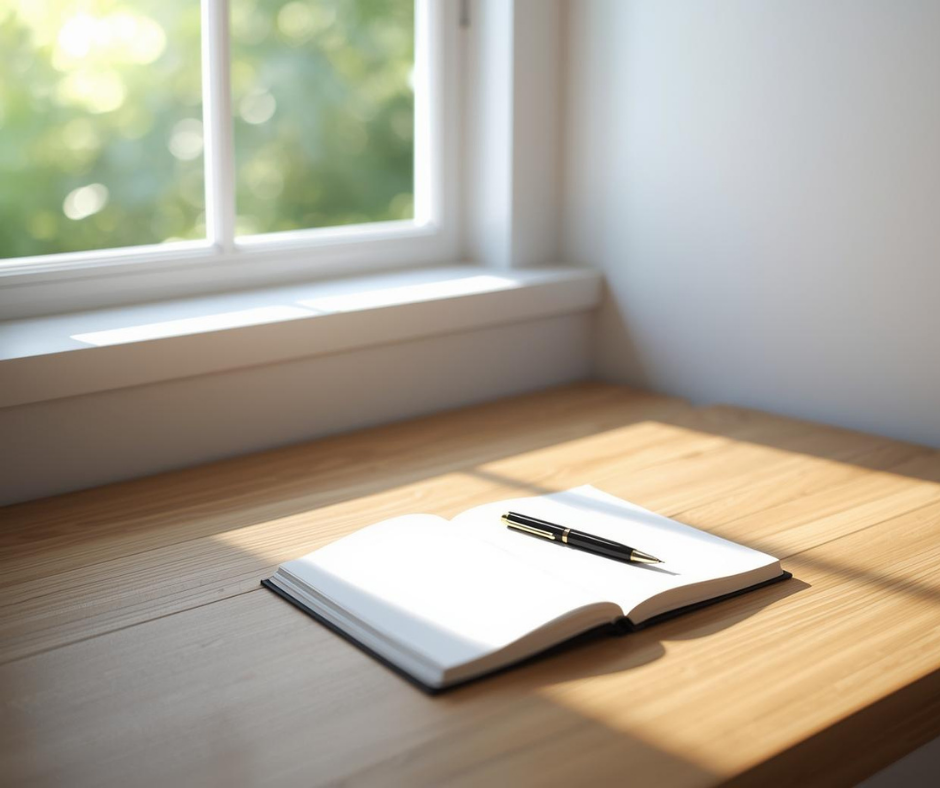 静かな窓辺でノートとペンが置かれた、整った机の風景