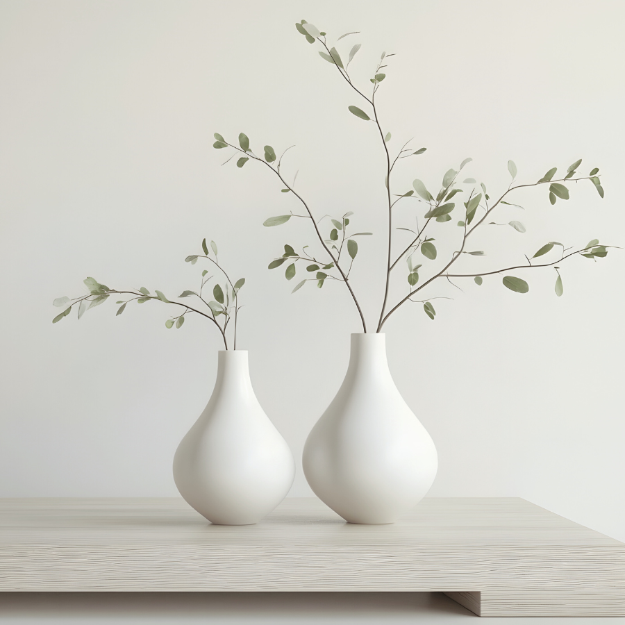 白いテーブルに置かれた花瓶と木の枝。整った空気感を表す写真