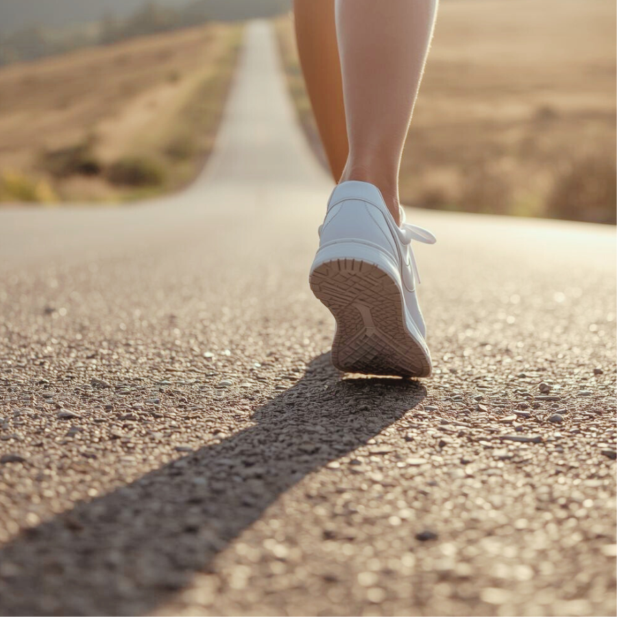 先の見える一本道を歩き始めた女性の足元