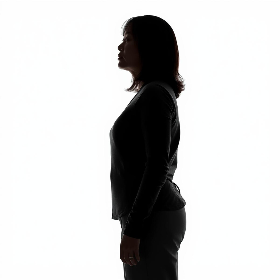 胸を張りすぎて反り姿勢になっている女性の横シルエット