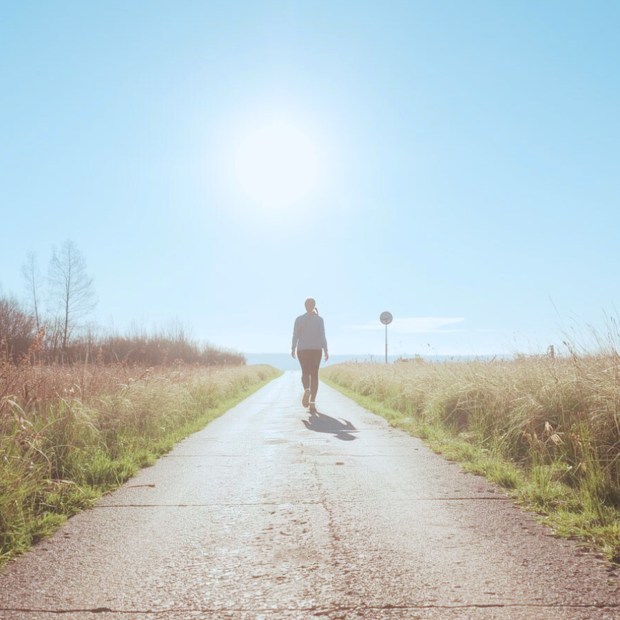 遠くまで続く散歩道を歩く女性の後ろ姿