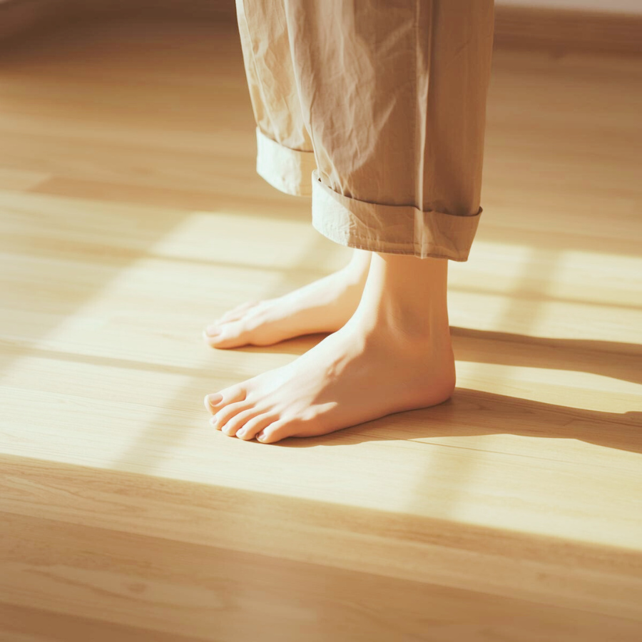 床にまっすぐ立つ裸足の女性の足元