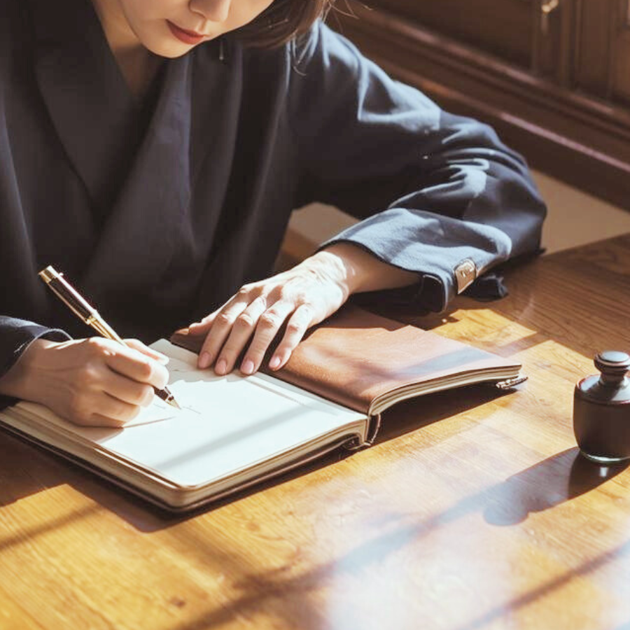 ノートに手書きで体の悩みを書いている女性の手元