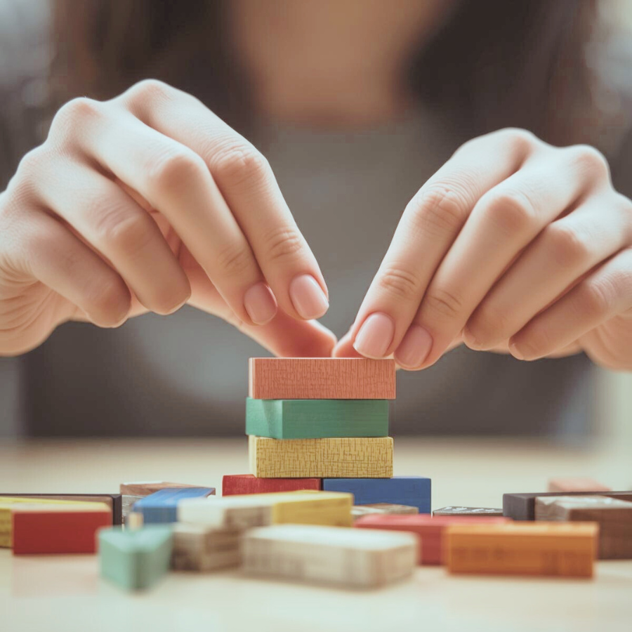 積み木を静かに組み直している女性の手元