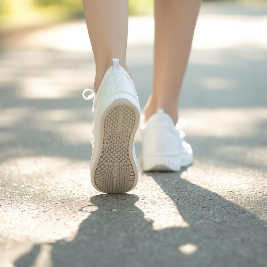 白いスニーカーで明るい屋外を歩く女性の足元