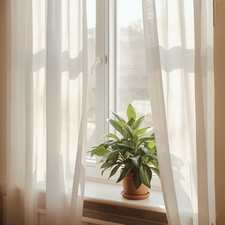 朝の光が差し込む窓辺とやわらかいカーテン