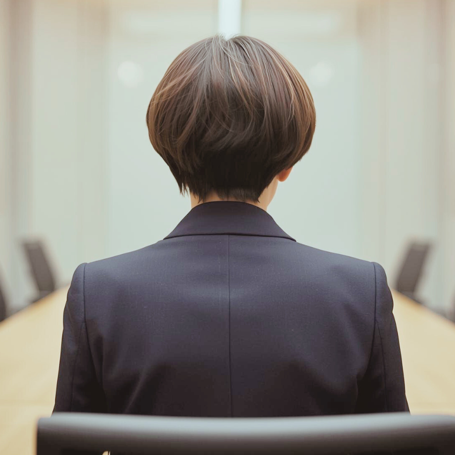 会議室で椅子に座り遠くを見る女性の後ろ姿