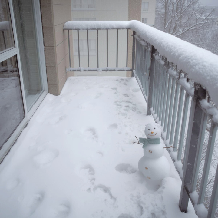 雪が積もったベランダの足跡と小さな雪だるま|不安から安心へ変化するイメージ