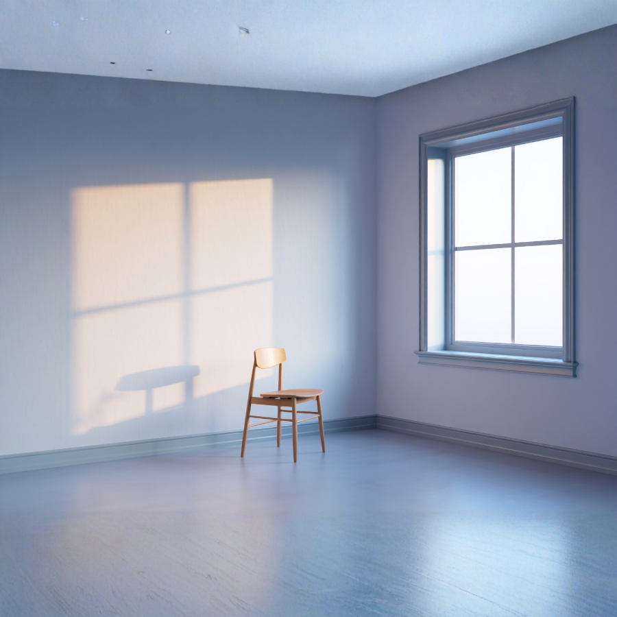 窓辺に差し込む光と影が静かに広がる室内の風景