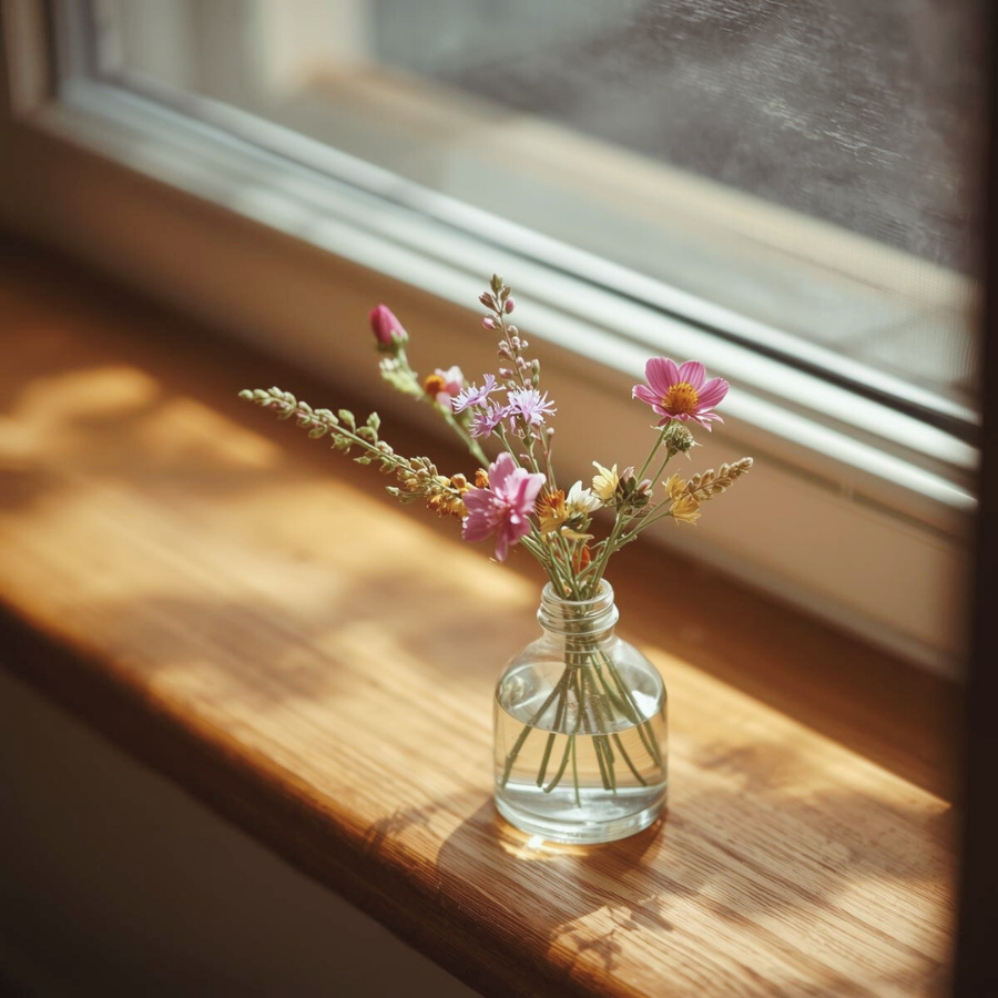 窓辺に置かれた小さな花瓶に花を飾る、柔らかい光が差し込む落ち着いた室内の様子