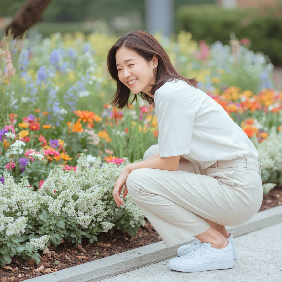 花壇の花をしゃがんで眺める女性
