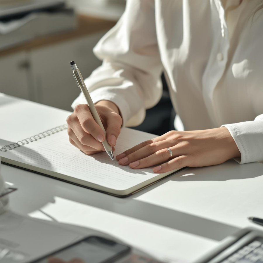 altテキスト

仕事場でノートに文字を書く女性の手元