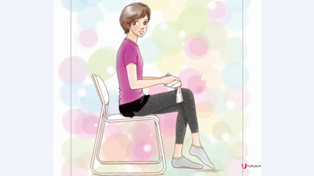 椅子に座ってタオルを使い脚の調整を行う椅子ゆるく講座のイメージイラスト