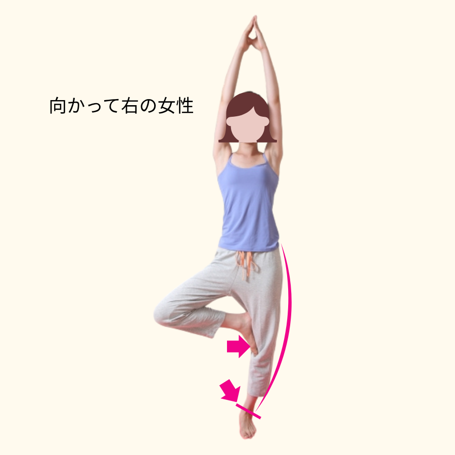 木のポーズで足首が外側に倒れ膝をねじって立つ女性